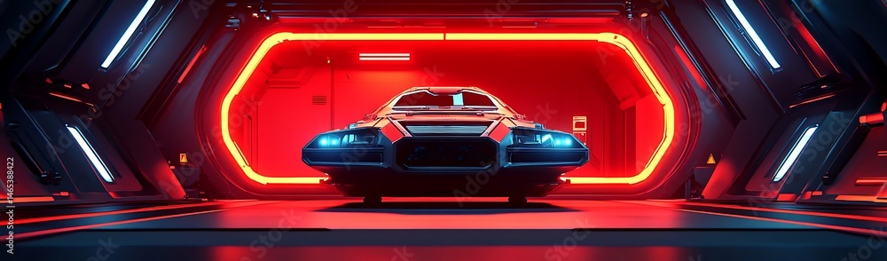 Naklejka premium Futuristic car in red neon garage