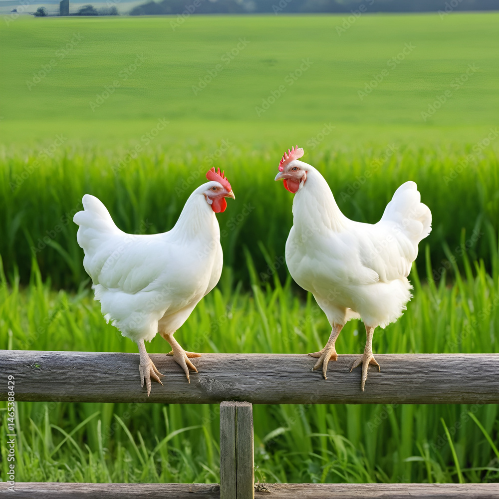 Fototapeta premium Two White Chickens Standing on a Wooden Rail in a Green Field
