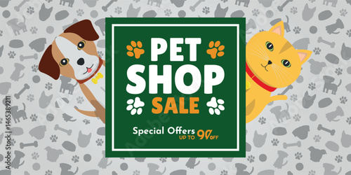 Pet Shop Sale AD - Illustrations of Brown White Dog and Fat Orange Cat Behind the White Orange and Green Logo. Special Offers up to 90% off, Pet Background.