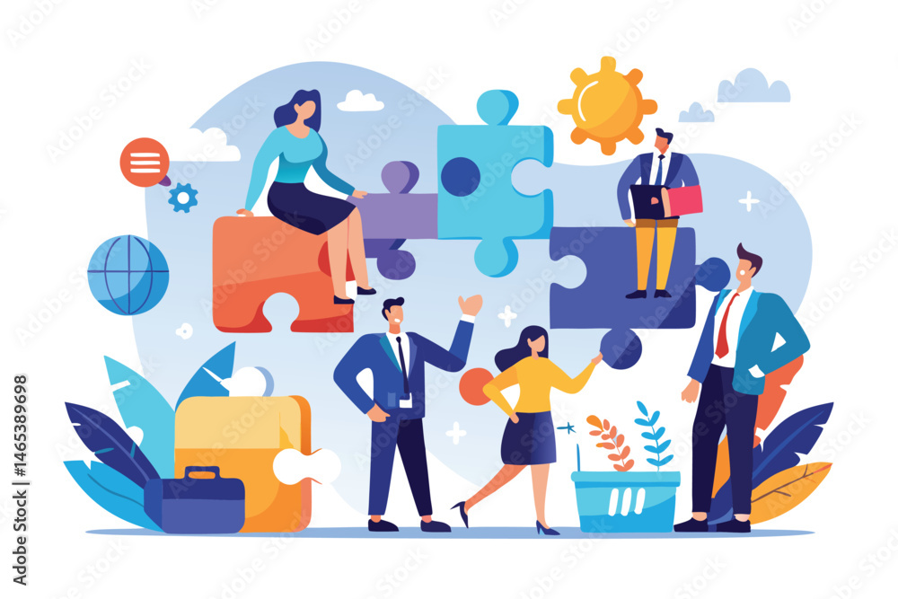 Business Teamwork Concept. Vector illustration in flat style of puzzle pieces with different people in business suits in each, performing various work tasks. Isolated on background. Business Teamwork Concept. Vector illustration in flat style of puzzle pieces with different people in business suits in each, performing various work tasks. Isolated on background.