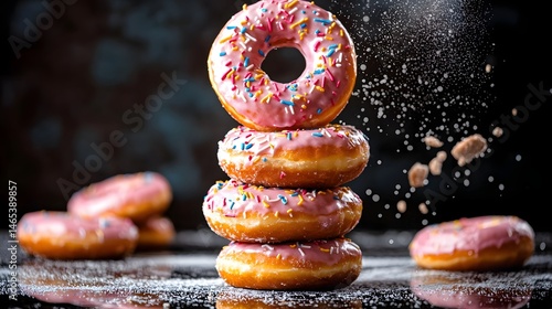 Mouthwatering frosted donuts in a dynamic off kilter stack on a moody background