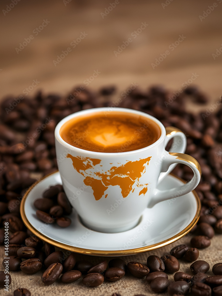 Fototapeta premium Espresso Coffee Cup World Map Design Golden Saucer Roasted Beans Aromatic Drink Global Beverage Dark Rich Brown Coffee Beans Luxury Gourmet Coffee Cafe Culture Morning Coffee Break Time Delicious