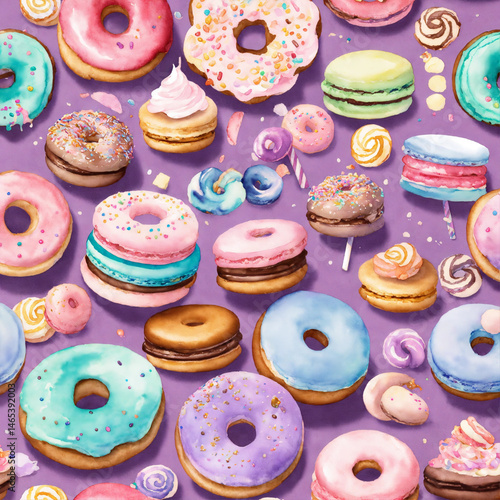 shabby chic dreamy mist pastel junk journals Watercolor Cute Sweets Clipart, Chocolate Cookies, Sweet Macarons, Treats Candy and Glazed Donuts PNG swirling magical fairytale abstract art style
