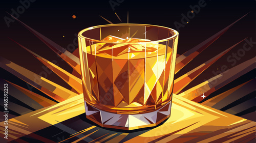 This image presents a single crystal glass filled with a golden beverage, beautifully backlit, creating a stunning visual effect of warmth and elegance, perfect for luxury occasions.