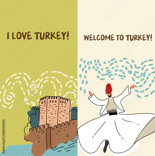 Turkish sights vertical background, Kizil Kule Red Tower, Whirling Dervish Dancer, hand drawn vector line illustration.