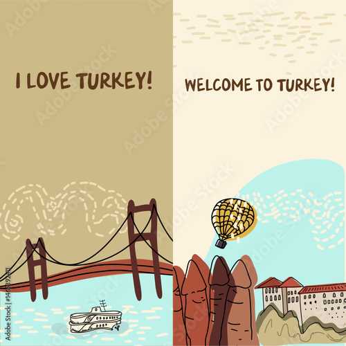 Turkish sights vertical background, hand drawn vector line illustration.