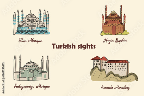 Architectural landmarks of Turkey, Istanbul, hand drawn vector illustration.