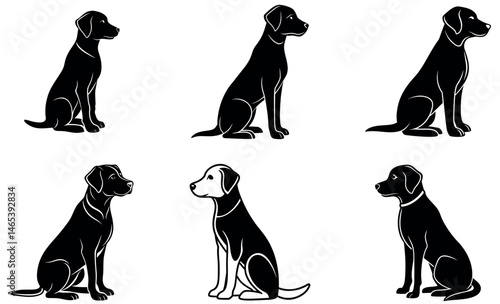 Dog Silhouettes in Various Poses - Black and White Vector Art