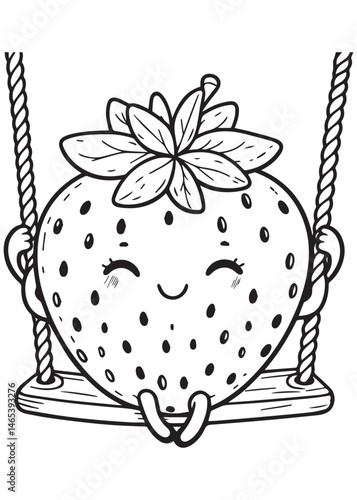 Coloring book strawberry swinging happily. A cheerful and fun scene.