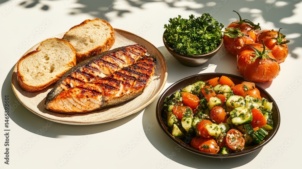 Grilled salmon fillet served with fresh vegetables, herbs, and bread on a light background showcasing healthy eating concept. Mediterranean diet for heart health Grilled salmon fillet served with fresh vegetables, herbs, and bread on a light background showcasing healthy eating concept. Mediterranean diet for heart health