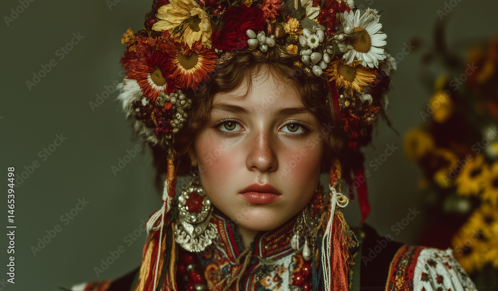 Fantasy portrait of a beautiful young woman with long hair and flower crown, wearing traditional white dress in golden wheat field, dreamy summer atmosphere with natural sunlight and soft colors Fantasy portrait of a beautiful young woman with long hair and flower crown, wearing traditional white dress in golden wheat field, dreamy summer atmosphere with natural sunlight and soft colors