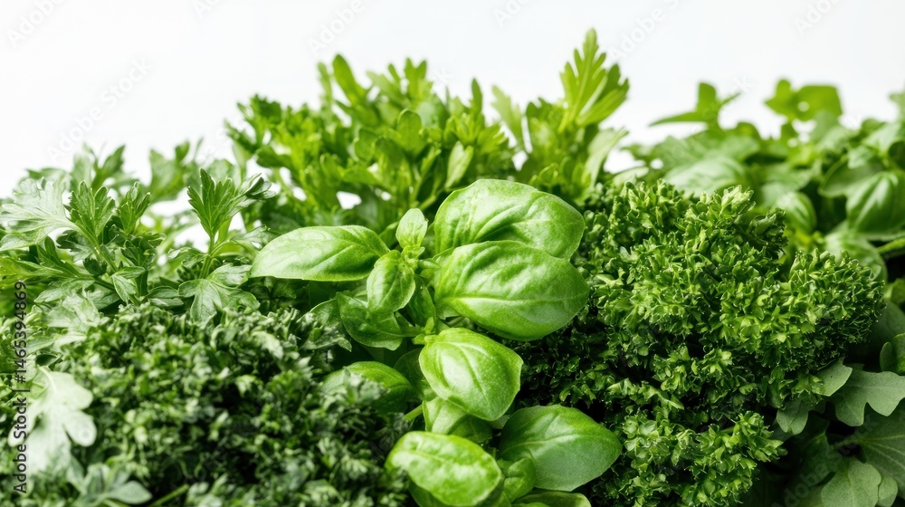 Obraz premium Fresh herbs close-up. Lush green leaves of various herbs tightly clustered