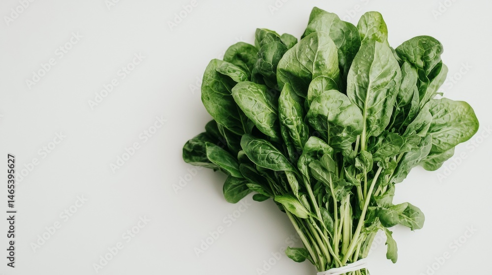 Fototapeta premium Freshly harvested spinach leaves gathered together in a bundle ready for preparation and cooking in the kitchen