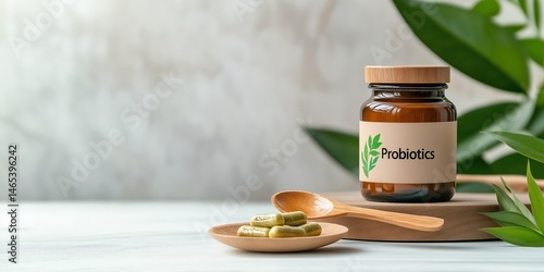 Minimalistic stock photo of a modern kitchen counter with a bottle of probiotic supplements labeled 