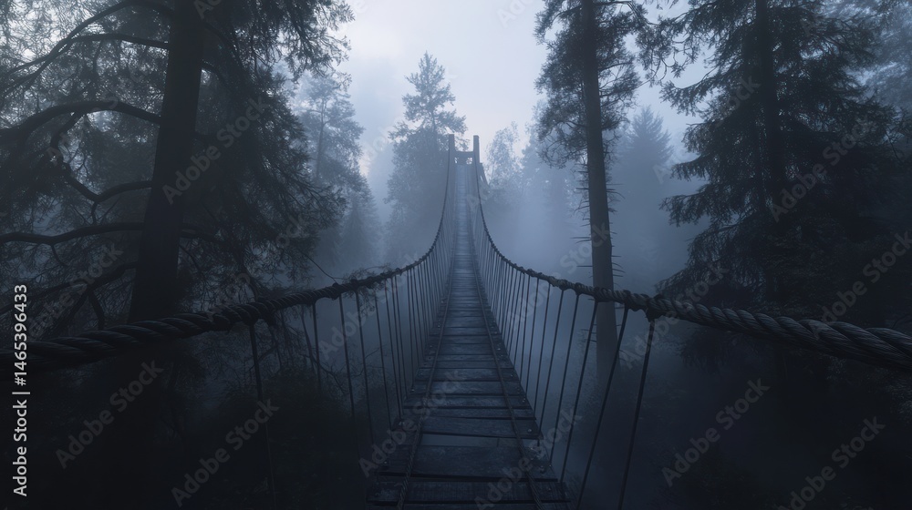 Fototapeta premium Misty forest suspension bridge extending into the distance.