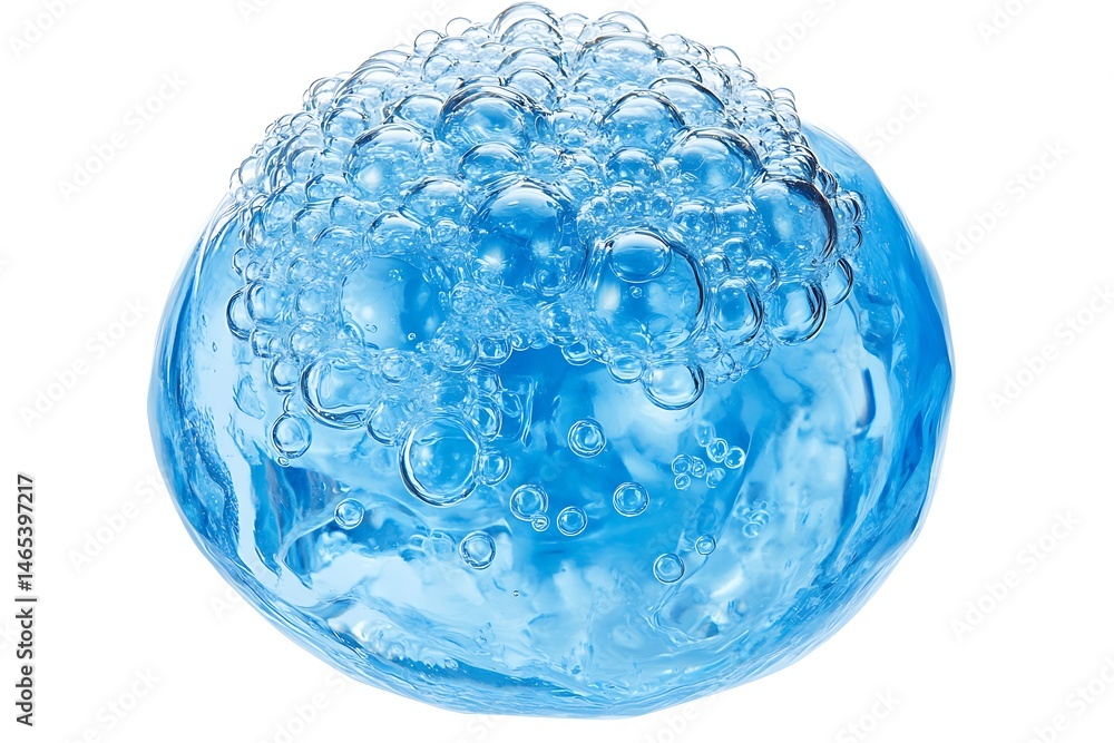 A blue sphere of water with bubbles clustered on top against a white background close up view A blue sphere of water with bubbles clustered on top against a white background close up view