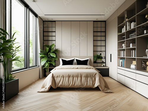 A minimalist bedroom with a cozy, neutral-toned aesthetic. A bed with beige bedding and dark pillows is centered against a built-in shelving unit filled with books and decorative accents