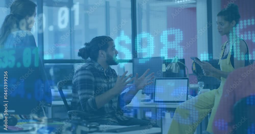 Office team discussing digital trading data in open plan workspace, with floating stock graphs Office team discussing digital trading data in open plan workspace, with floating stock graphs