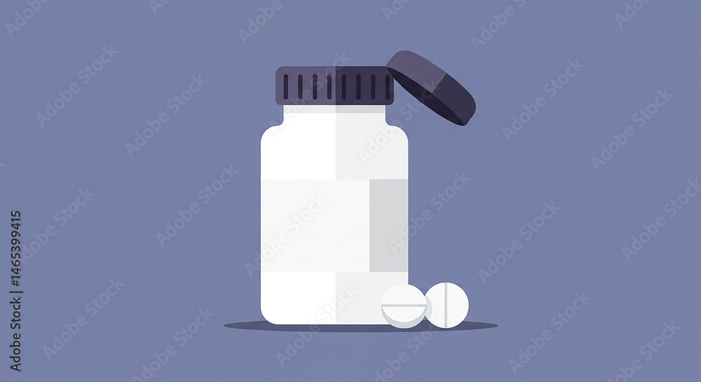 Obraz premium Open pill bottle displaying medication with two tablets beside it