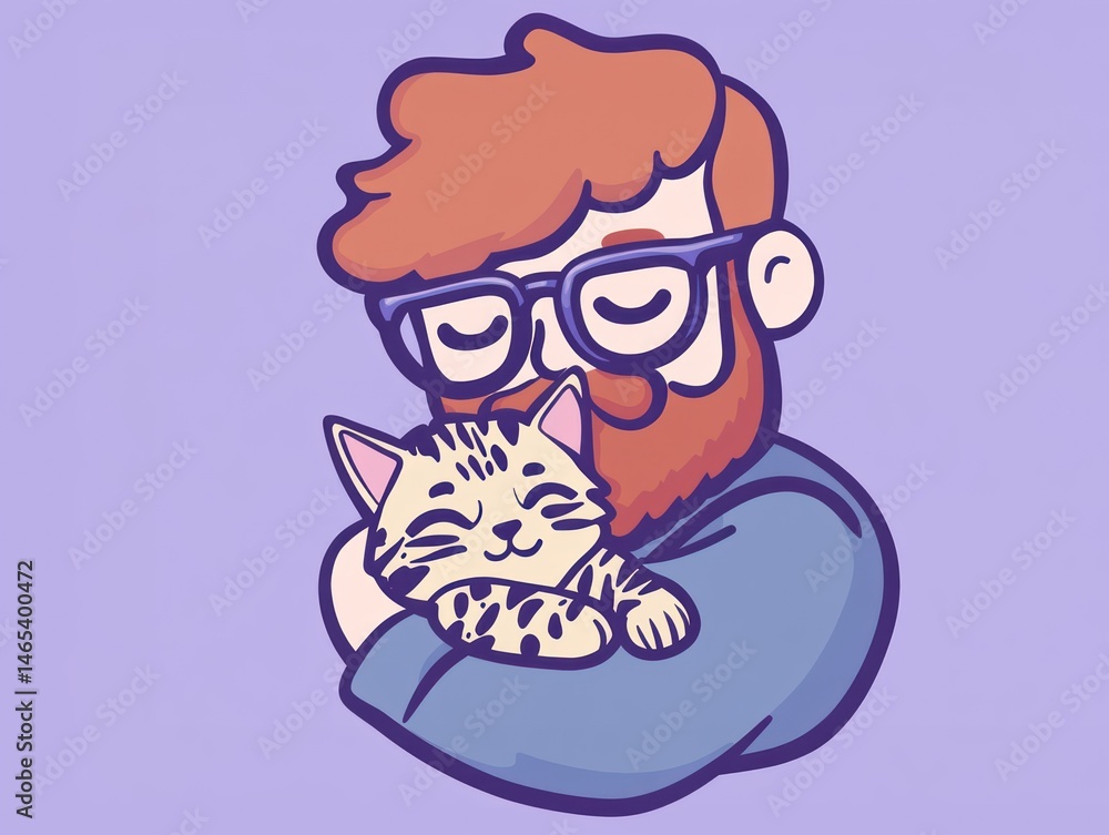 A cute man with red beard and with purple hair holding and hugging an adorable cat A cute man with red beard and with purple hair holding and hugging an adorable cat