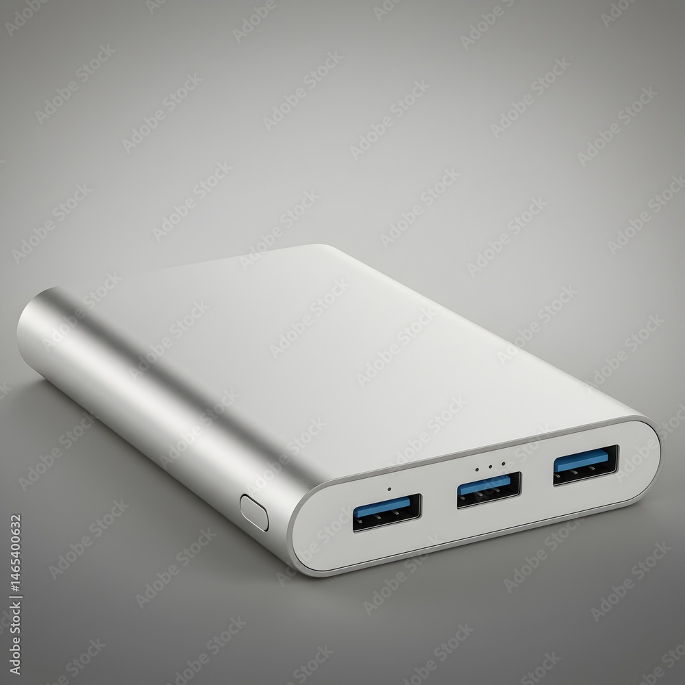 A power bank with three usb ports and a silver casing on a gray surface in a studio setting view A power bank with three usb ports and a silver casing on a gray surface in a studio setting view