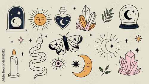 Mystical Boho Clipart Set – Celestial and Magical Elements in Flat Style