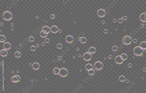 Vector realistic soap bubbles png. Flying soap bubbles on transparent background.