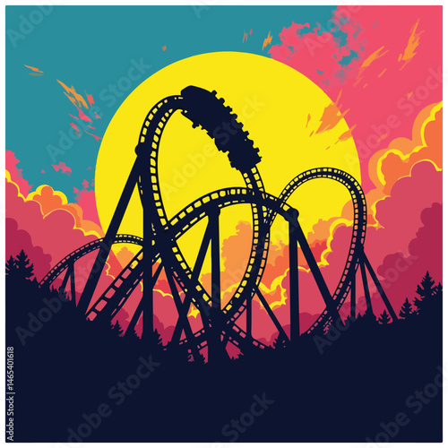 Vector Illustration of a Thrilling Roller Coaster Ride with Amusement Park Rides, Tracks, and People, Designed in Solid Colors for National Roller Coaster Day