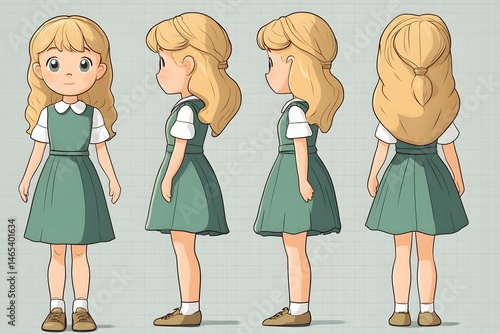 Animated young girl character turnaround sheet in green dress and blonde hair