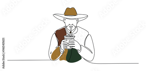 Man enjoying Argentine mate cup in minimalist style against white background  