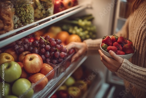 Woman retrieving a bowl of fresh fruits from a well-stocked fridge in a cozy kitchen