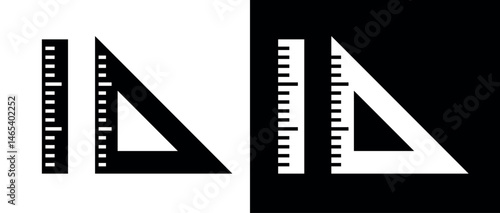 Ruler and triangular ruler icon. Designation of dimensions or dimensions. Measurement or drawing attribute. Mathematical or geometrical symbol. Web icon.