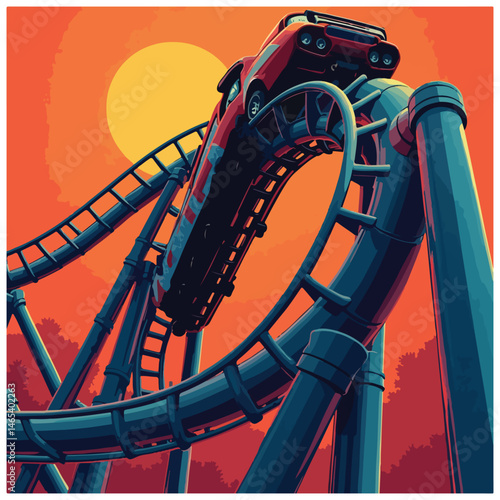 Vector Illustration of a Thrilling Roller Coaster Ride with Amusement Park Rides, Tracks, and People, Designed in Solid Colors for National Roller Coaster Day