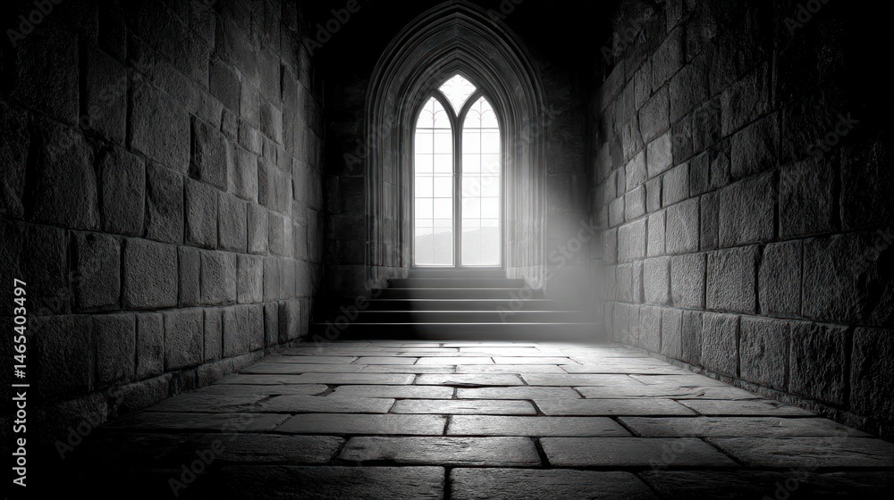 Obraz premium Gothic Stone Stairway Leading to Illuminated Arched Window in Monochrome Hall