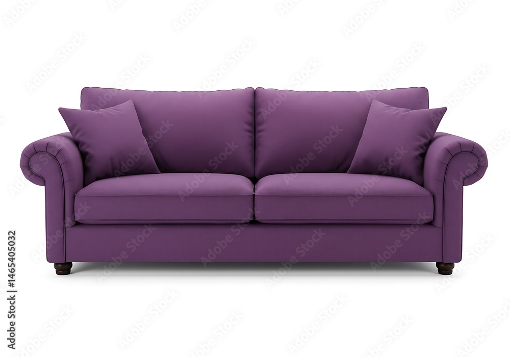 A purple sofa with two cushions on a white background in a studio setting with good lighting A purple sofa with two cushions on a white background in a studio setting with good lighting