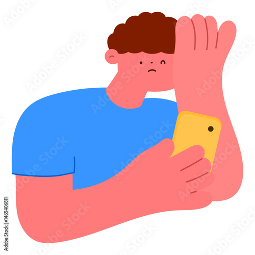 man touching his forehead and holding smartphone, feeling stressed or unwell, flat vector illustration