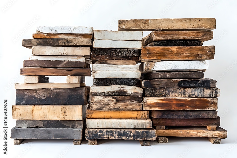 A stacked arrangement of weathered wooden planks against a plain white studio background view from front A stacked arrangement of weathered wooden planks against a plain white studio background view from front
