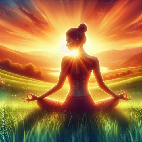 A meditating girl sits in a lotus position among colorful flowers in a magical clearing against the backdrop of a magical forest and the sun. Colorful cartoon-style illustration. Vector graphics. EPS.