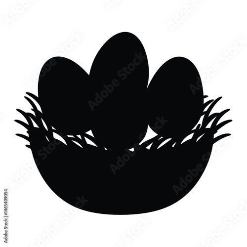Black silhouette of three eggs in a nest of straw design