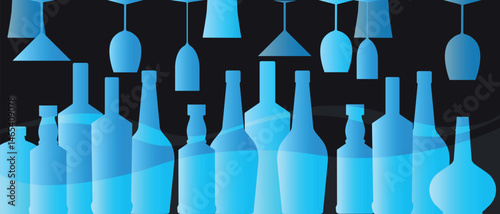 Big set of alcohol bottles, glasses of different shapes, poster for bar, wine list. Wine tasting, dom perignon, sherry, sangria, vector design drink party
