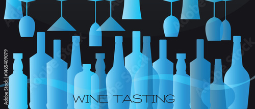 Wine tasting banner, bar poster, set of different types of alcohol bottles. Vector illustration wine, glasses, flat style, party
