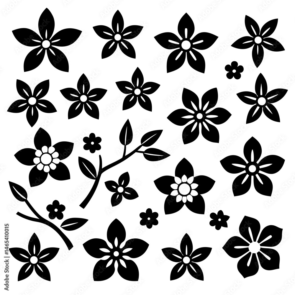 A 4x5 grid of 20 cherry blossom icons in various shades and styles, including single flowers, blooming branches, and buds, with some featuring leaves, all set against a white background A 4x5 grid of 20 cherry blossom icons in various shades and styles, including single flowers, blooming branches, and buds, with some featuring leaves, all set against a white background