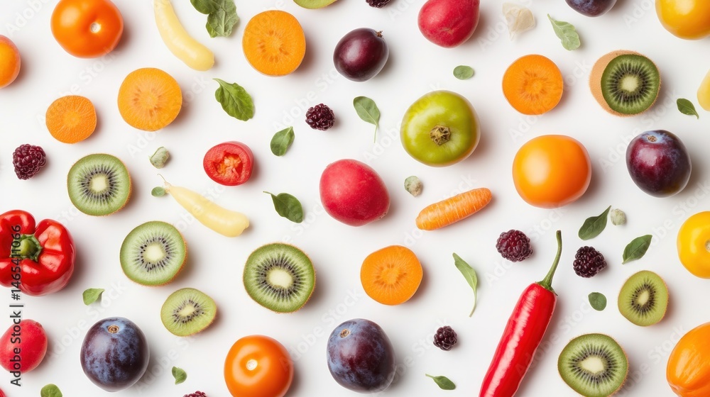 Colorful fruit and vegetable pattern on white background Colorful fruit and vegetable pattern on white background