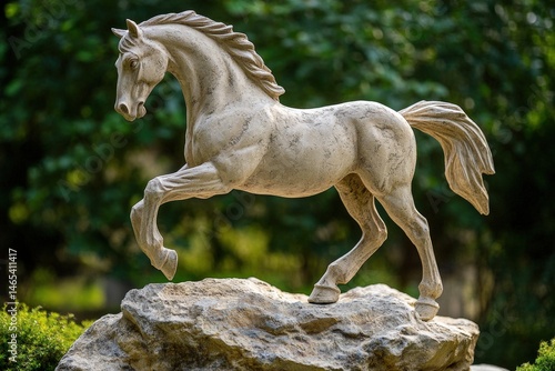 Light beige stone sculpture of a prancing horse atop a rock. photo
