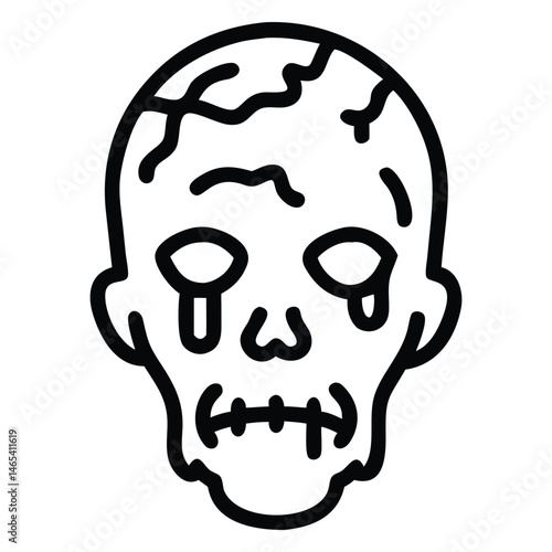 A cracked head of a mournful zombie drips, in black line style, ideal for designs