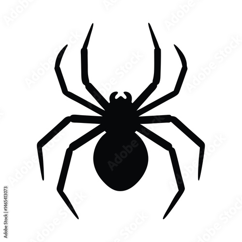Stylized black spider with long legs poised for attack on white backdrop