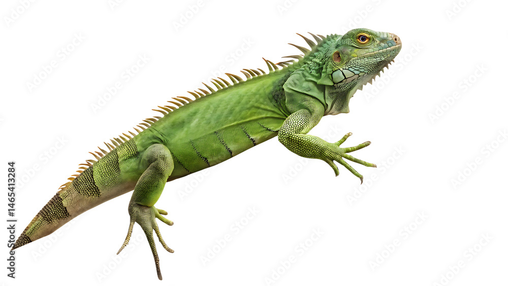 Fototapeta premium green full body iguana lying on a tree branch on white background PNG. AI GENERATED