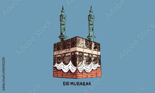 Mecca kaaba hand sketch design for fashion, top, dress, graphics, slogan tee, posters and others. Eid Mubarak greeting card design. 