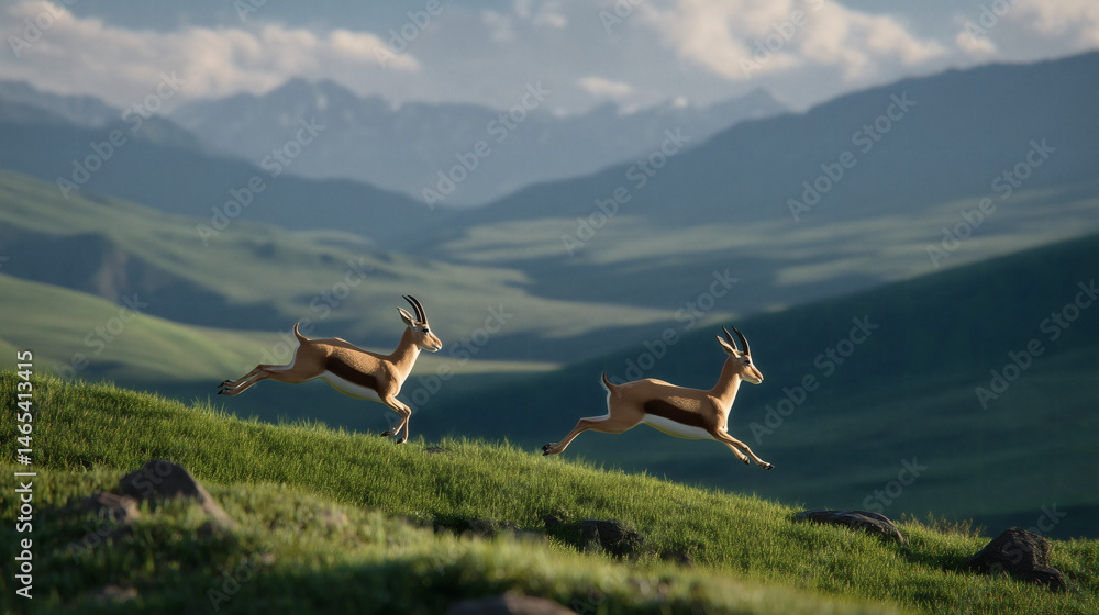 Fototapeta premium Two Tibetan antelopes leaping through mountain landscape