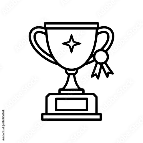 A black and white vector illustration of a trophy cup with a ribbon, designed in a clean outline style.